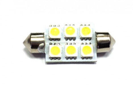 Лампа светодиодная 11-39 (SV8,5) 6 SMD 5050 диода, белая, салонная 12v Лампа светодиодная 11-39 (SV8,5) 6 SMD 5050 диода, белая, салонная 12v