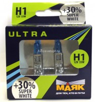 Автолампа H1 12V 55W (Pk14.5s) Super  White +30% (2 шт.) 82120SW+30new "Маяк УЛЬТРА"