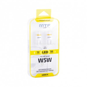 Cветодиод 12V MTF Light,Т10/W5W, 1W, 4000К(теп бел свет), линза матовая, Тайвань, (2шт)